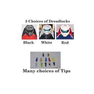 May include: The image showcases three Predator-style helmets with dreadlocks in black, white, and red. Below, various colorful tips are displayed, with the text "3 Choices of Dreadlocks" and "Many choices of Tips".