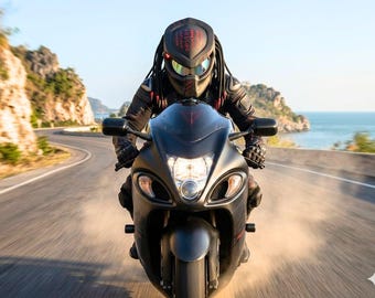 Predator-Inspired Custom Motorcycle Helmet, Full-Face Hand-painted Art Biker Gear, DOT/ECE Certified