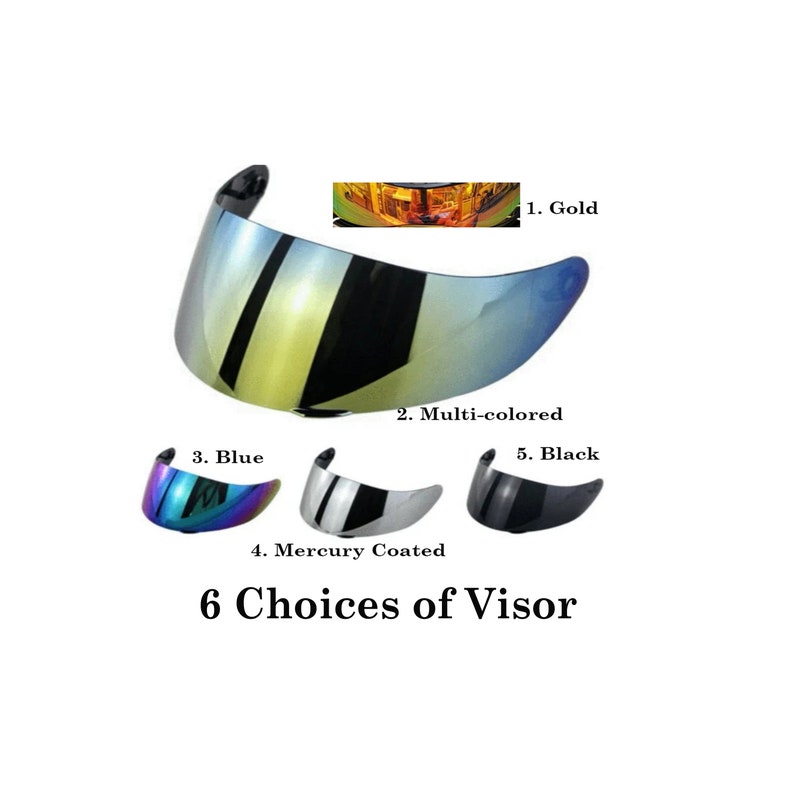 Pu&ograve; includere: Visiera per casco da moto in sei colori: oro, multicolore, blu, effetto specchio e nero. L'immagine mostra le visiere con il testo "6 Choices of Visor".