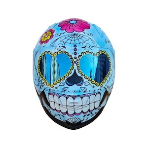 Kask integralny z czaszką cukrową, Kask damski z czaszką cukrową, Kask z czaszką cukrową, Kask na zamówienie, Kask motocyklowy na zamówienie, Kask ręcznie robiony