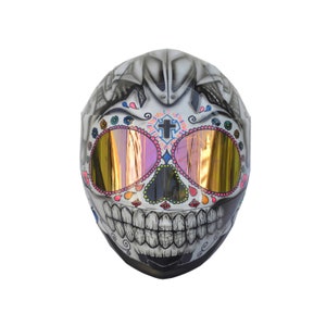 Kask z czaszką cukrową, Kask z czaszką damską, Kask z czaszką cukrową, Kask na zamówienie, Kask motocyklowy na zamówienie, Kask ręcznie robiony