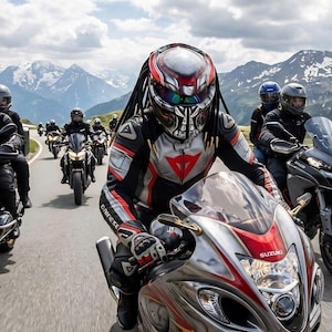 Pu&ograve; includere: Un gruppo di motociclisti che percorrono una strada di montagna. Il pilota in testa indossa un casco a tema Predator e una tuta da corsa nera e rossa. Altri motociclisti seguono su varie moto, tutti con caschi e abbigliamento da guida. Montagne innevate sullo sfondo.