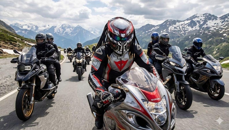 Pu&ograve; includere: Un gruppo di motociclisti che percorrono una strada di montagna. Il pilota in testa indossa un casco a tema Predator e una tuta da corsa nera e rossa. Altri motociclisti seguono su varie moto, tutti con caschi e abbigliamento da guida. Montagne innevate sullo sfondo.