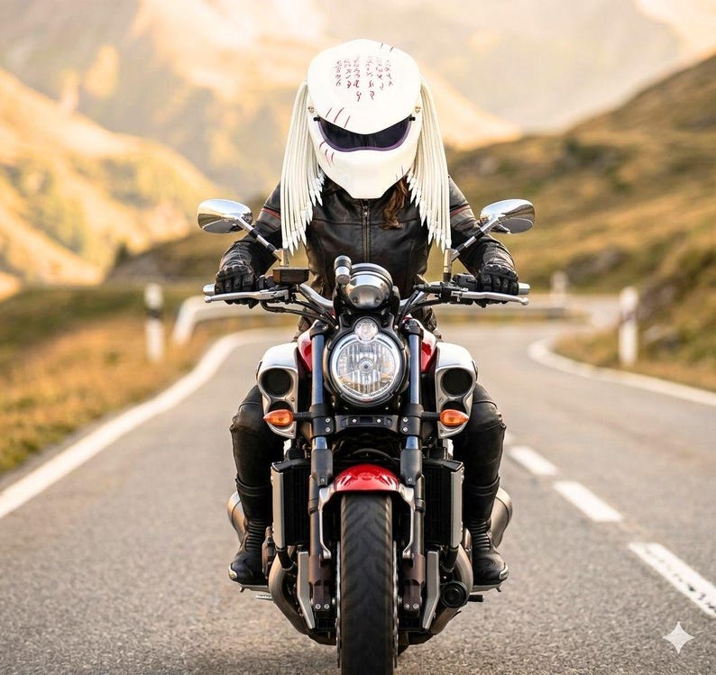 May include: A person riding a red and silver motorcycle on a paved road. The person is wearing a white helmet with long, white, fringed details and a black leather jacket. The motorcycle has a large headlight and is moving forward.