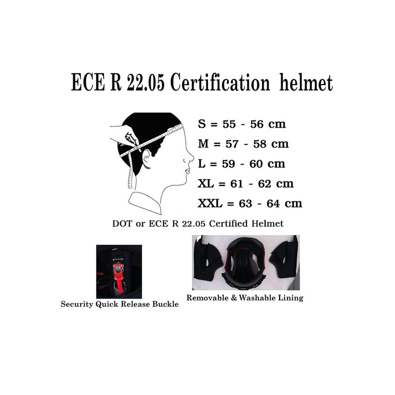 Pu&ograve; includere: Grafica bianca con testo "ECE R 22.05 Certification helmet" e tabella delle taglie in centimetri. Include immagini della fibbia di sicurezza e della fodera rimovibile di un casco. Taglie da S (55-56 cm) a XXL (63-64 cm).