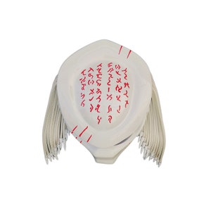 May include: A white Predator mask with red markings and dreadlocks. The mask has a smooth, glossy finish and features intricate red symbols across the top. The dreadlocks are a light beige color, adding contrast to the white mask.