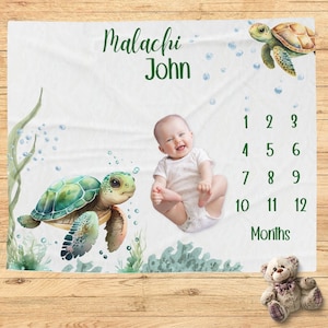 Manta de hito de tortuga marina, Manta personalizada del mes del bebé de tortuga marina, Regalo de bebé personalizado, Regalo de baby shower, Accesorio para foto, Neutro