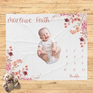 Baby Girl Wildflower Milestone Blanket, Boho Floral Month Blanket, Personalized Baby Girl Milestone Blanket, Baby Shower Gift, Photo Prop