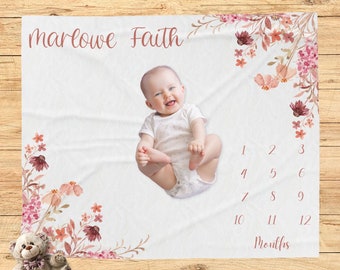 Baby Girl Wildflower Milestone Blanket, Boho Floral Month Blanket, Personalized Baby Girl Milestone Blanket, Baby Shower Gift, Photo Prop