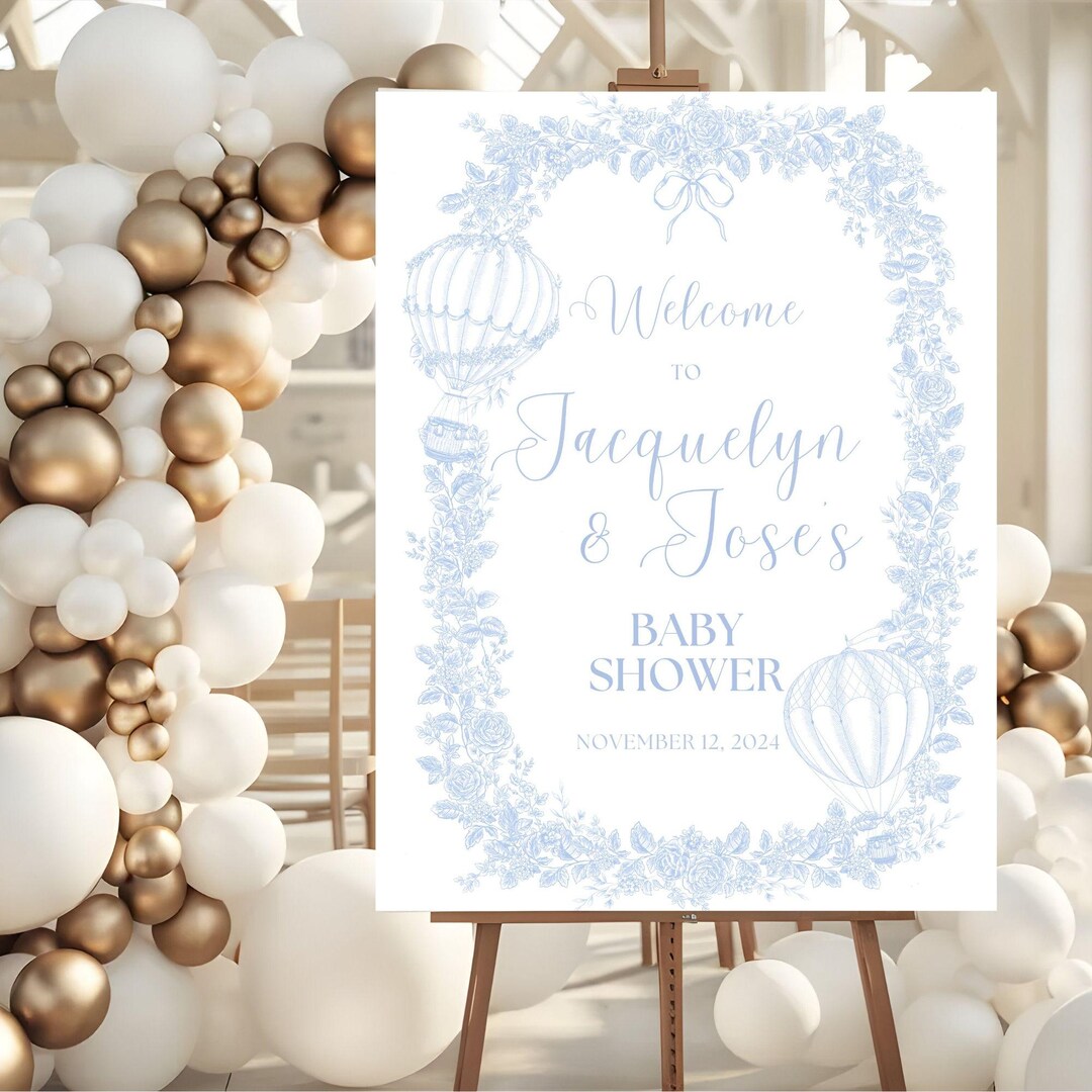 Blue Baby Shower Welcome Sign, Vintage Boy Baby, Hot Air Balloon Baby ...