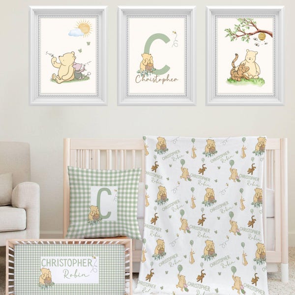 Winnie the Pooh Crib Bedding Set -Personalized Baby Boy Winnie the Pooh Nursery Decor with Soft Greenery- Classic Pooh Piglet Blanket