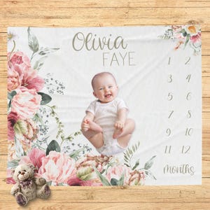 GEPERSONALISEERDE mijlpaaldeken voor babymeisje, bloemendeken pasgeboren meisje, baby deken van maand tot maand, aangepaste deken eerste jaar meisje