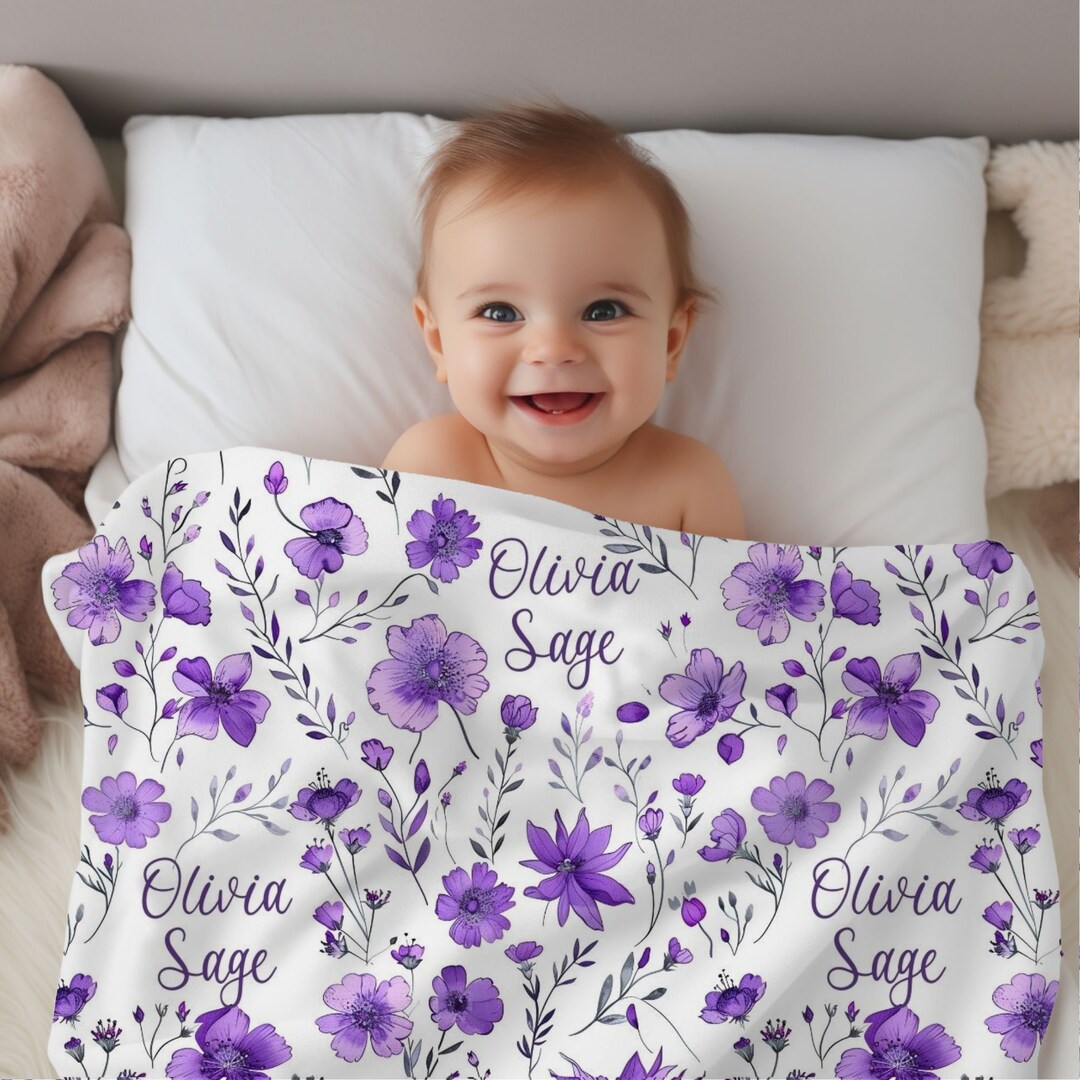 Purple Wildflower Personalized Blanket, Custom Baby Blanket, Shower