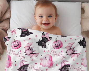 Niedliche Halloween-Namensdecke, personalisierte rosa Geistdecke, rosa Bogendecke, niedliche Geistdecke, Girly Halloween-Decke, Kokette