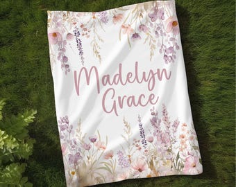 Wildflower Personalized Blanket, Custom Boho Baby Blanket, Floral Shower Gift, Pink and Purple Blanket, Crib Blanket, Newborn Photos Prop
