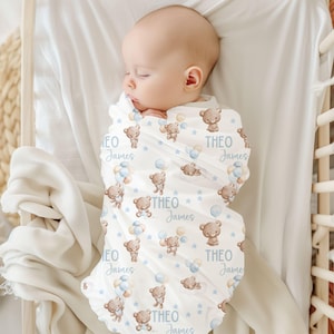 Personalized Teddy Bear Blanket, Baby Shower Gift, Custom Teddy Bear Nursery Decor, Blue Bow Coquette, Baby Boy Bear Blanket, Name Blanket