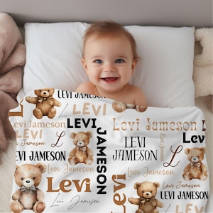 Personalized Teddy Bear Blanket, Baby Shower Gift, Custom Teddy Bear Nursery Decor, Customized Boy Name Blanket, Baby Boy Bear Blanket