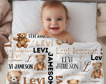 Personalized Teddy Bear Blanket, Baby Shower Gift, Custom Teddy Bear Nursery Decor, Customized Boy Name Blanket, Baby Boy Bear Blanket