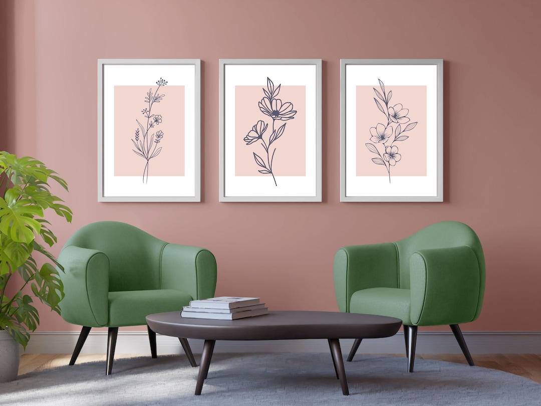 Botanical Wall Art Set of 3, Minimalist Line Art Print, Blush Pink and ...