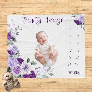 Purple Rose Milestone Blanket, Personalized Floral Baby Shower Gift, Custom Blanket, New Baby Gift, Lavender Nursery, Photo Prop, Eucalyptus