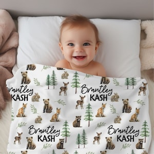 Personalisierte Waldtier Baby Name individuelle Swaddle Geschenkidee für Baby Jungen, Neugeborene Baby Waldtier Swaddle Decke Foto Prop, Reh