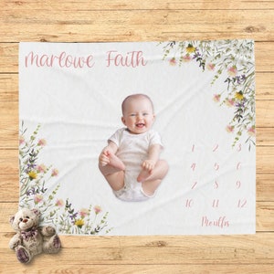 Baby Girl Wildflower Milestone Blanket, Boho Floral Month Blanket, Personalized Baby Girl Milestone Blanket, Baby Shower Gift, Photo Prop