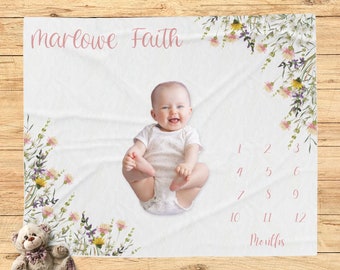 Baby Girl Wildflower Milestone Blanket, Boho Floral Month Blanket, Personalized Baby Girl Milestone Blanket, Baby Shower Gift, Photo Prop