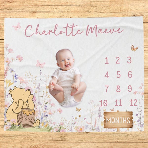 Classic Winnie the Pooh Milestone Blanket, Newborn Age Blanket, Infant Month to Month Blanket, Baby Girl Custom First Year