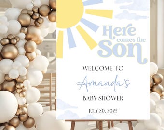 Sunshine Baby Shower Welcome Sign, Retro Here Comes The Son Baby Shower Decorations, Boy Baby Shower Sign, Welcome Poster, Foam Board