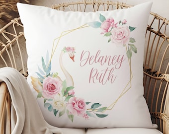 Swan Custom Name Pillow, Girl Nursery Decor, Gift for Nursery, Baby Gift for Girls, Personalized Gift for Girls, Whimsical Princess Swan