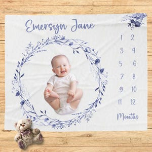 Marineblauwe bloemen mijlpaaldeken babymeisje, groei van baby bijhouden, marineblauwe bloemen, maanddeken baby, groeimeterdeken, chinoiserie