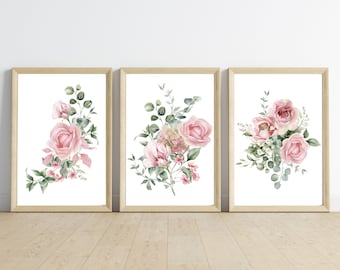 Dusty Rose Floral Nursery Prints, Blush Pink Nursery Decor, Set of 3 Prints,  Girl Nursery Decor, Wall Art, Pink Floral Garden Nursery