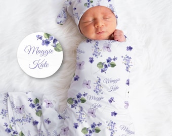 Violet Flowers Swaddle Set, Violet Flowers Swaddle, Personalized Baby Blanket, Purple Violet Blanket, Violet Baby Shower Gift,Newborn Photos
