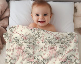 Manta de bebé personalizada con flores rosas de acuarela / Regalo para baby shower de niña con nombre personalizado / Manta floral vintage para recién nacidos