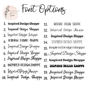 May include: A list of 20 different font styles for the text "Inspired Design Shoppe". The font styles range from casual to formal, with some fonts in all caps and others in lowercase.