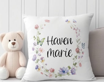Wildflower Custom Name Pillow, Pink Flowers with Butterflies, Nursery Decor, Gift for Nursery, Baby Gift, Personalized Gift for Girls