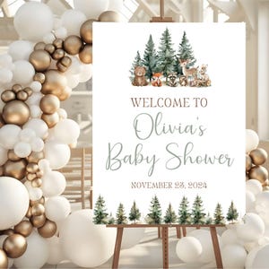 Letrero de bienvenida para baby shower con temática de bosque, póster de bienvenida para baby shower con animales del bosque, letrero rústico con animales del bosque, tablero de espuma