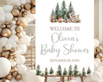 Woodland Baby Shower Welcome Sign, Greenery Forest Animals Baby Shower Welcome Poster, Woodland Animals Sign Rustic, Foam Board