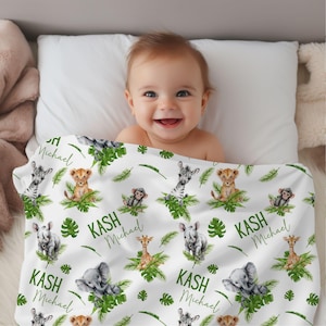CUSTOM JUNGLE Nursery Blanket, PERSONALIZED Safari Baby Boy, Newborn Blanket Gender Neutral, Safari Nursery Decor, Infant Boy Gift
