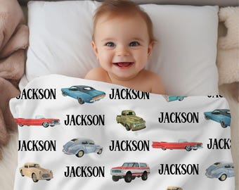 VINTAGE CAR Baby Blanket, Baby Boy Name Blanket, Personalized Classic Car Blanket, Toddler Boy Car Blanket, Newborn Baby Boy Car Gift, Retro