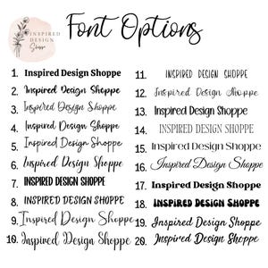 May include: A list of 20 different font styles for the text "Inspired Design Shoppe". The fonts range from casual script to bold and blocky.