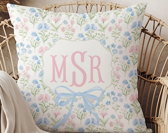 BABY GIRL Monogram Pillow,Grandmillenial Nursery, Pink and Blue Floral,Personalized Toddler Girl Cushion,Granny Chic Nursery Decor