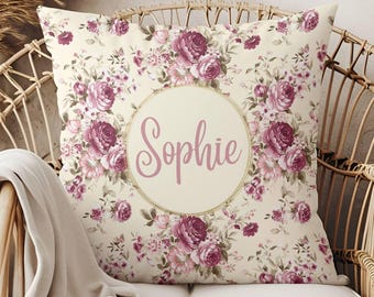 Almohada de nombre personalizado rosa, decoración de guardería vintage, regalo para guardería, regalo de bebé para niñas, regalo personalizado para niñas, monograma, Cottagecore