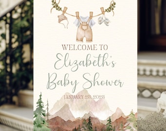 Adventure Baby Shower Welcome Sign, Mountain Forest Baby Shower Welcome Poster, Baby Clothes Sign Rustic, Let the Adventure Begin Foam Board