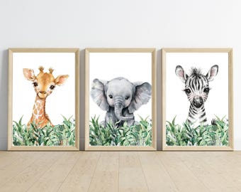 Safari vivero decoración conjunto de 3 impresiones de vivero de animales de la selva / cebra, jirafa, elefante / vivero niños imprimibles / decoración neutral del bebé
