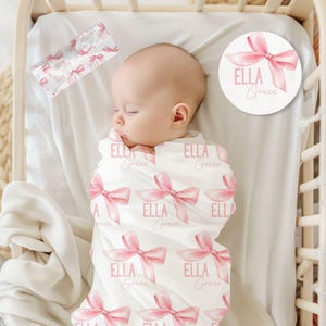 Manta de bebé con lazo rosa personalizada, juego de pañales para niña, regalo para baby shower, decoración de guardería con lazo rosa personalizada, estética coqueta, fotos de recién nacidos
