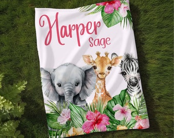 Custom Safari Baby Blanket With Name, Jungle Animal Baby Name Blanket, Personalized Animal Baby Gift, Girl Animal Gift Idea, Girl BabyShower