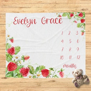 Manta de hito de fresa, regalo personalizado de baby shower de fresa, manta personalizada, nuevo regalo para bebés, guardería de fresas, accesorio fotográfico