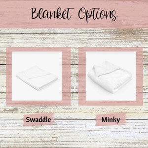 May include: Two white blankets, one folded in a square shape and labeled "Swaddle" and the other folded in a triangular shape and labeled "Minky".