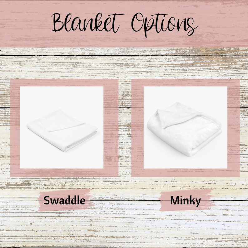 May include: Two white blankets, one folded in a square shape and labeled "Swaddle" and the other folded in a triangular shape and labeled "Minky".
